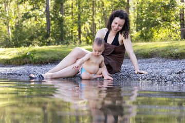 Fototapeta premium Mother and Baby Enjoying Nature by Crowsnest Lake