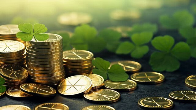 background for Patricks day with falling down golden coins and shamrocks	
