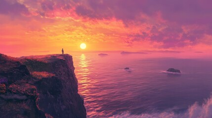 Contemplative Scene of a Lone Figure at Dusk Overlooking the Ocean