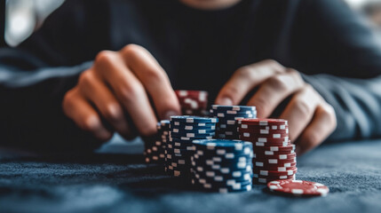 man's hands holding a stack of colorful poker chips at a casino table. The image conveys tension, strategy, and the thrill of gambling and risk-taking
