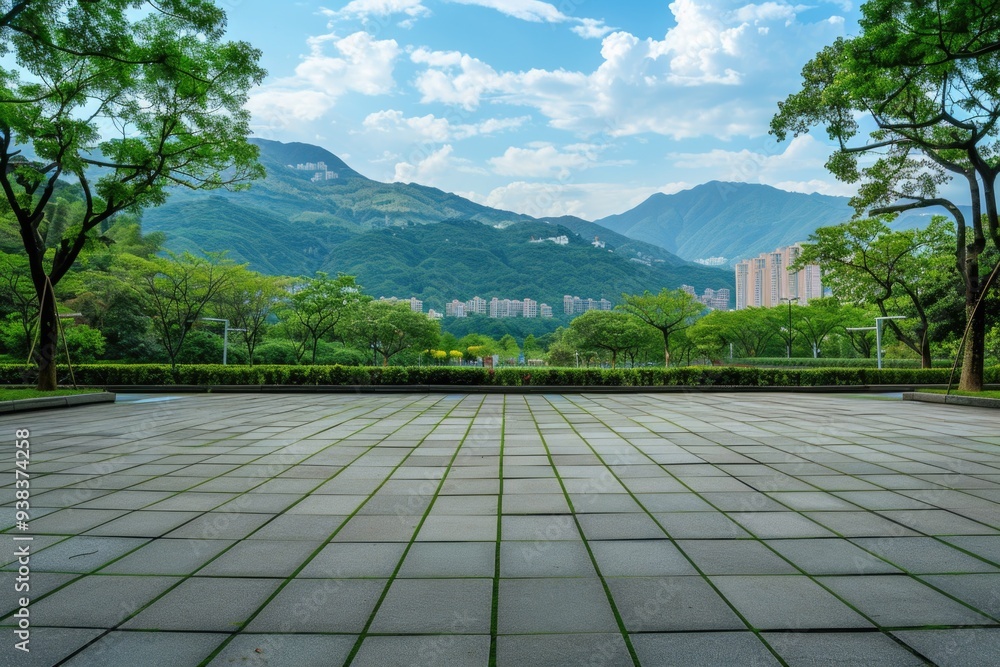 Poster a scenic view of a mountain range with a park in the foreground, suitable for travel or outdoor recr