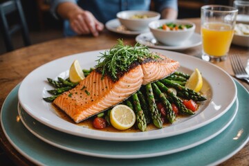 Mediterranean cuisine, roasted sliced tasty salmon with asparagus on a table in a cafe