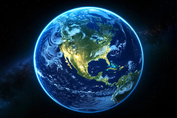 Fototapeta premium Globe North America: Planet Earth at night focused on USA and Canada , Earth North America, Globe Canada , Universe, World Map, Geography