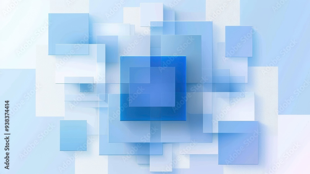 Poster digital abstract composition featuring a variety of blue squares and rectangles with varying shades 