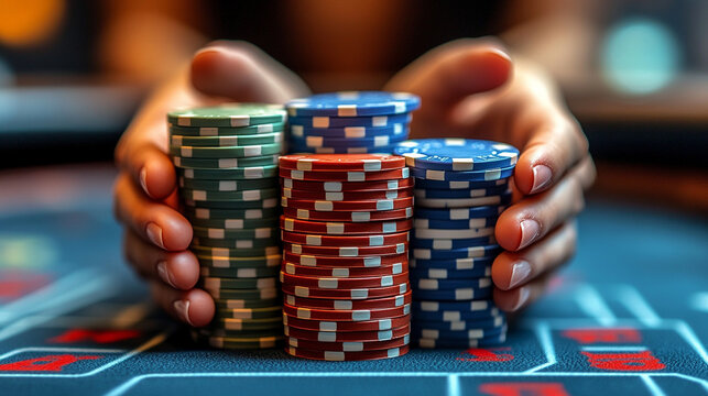 man's hands holding a stack of colorful poker chips at a casino table. The image conveys tension, strategy, and the thrill of gambling and risk-taking