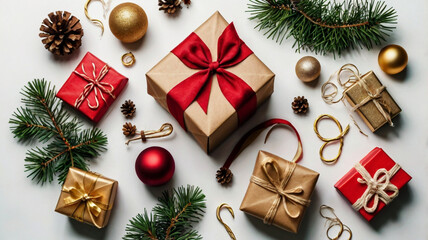 Christmas and New Year festive background. Christmas gifts and decorations with red ribbon on white background top view.