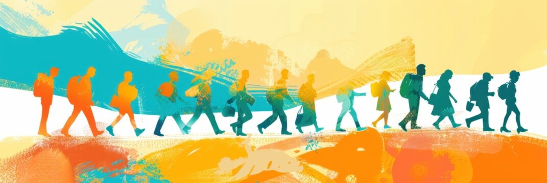 International Migrants Day. Silhouettes of migrants walking with bags on a colorful background. Horizontal banner. Copy space. Flat illustration. Problems of wars and poverty. Immigration concept