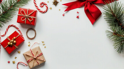Christmas and New Year festive background. Christmas gifts and decorations with red ribbon on white background top view.