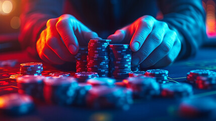man's hands holding a stack of colorful poker chips at a casino table. The image conveys tension, strategy, and the thrill of gambling and risk-taking