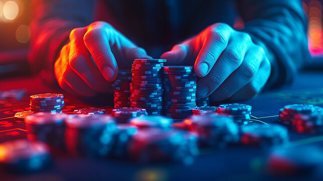 man's hands holding a stack of colorful poker chips at a casino table. The image conveys tension, strategy, and the thrill of gambling and risk-taking
