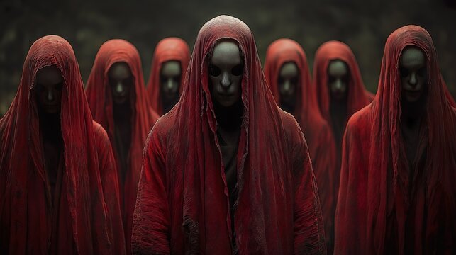 Religious Sect In Red Mystical Clothing And Masks.  Illustration On The Theme Of Mysticism And Religion, Sects And Cinema, Fantasy And Fear. Generative AI	
