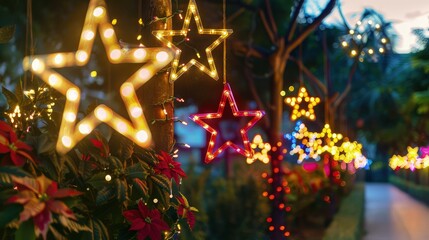 Decorate the Christmas tree with glowing lights and ornaments, ensuring the lights shine brightly to create a festive, magical glow against the dark night background