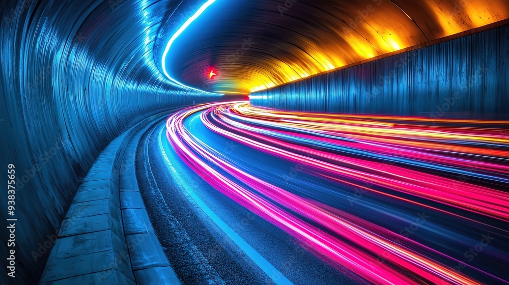 Poster vibrant light trails illuminate a futuristic tunnel, dynamic scene of motion and color against cool 