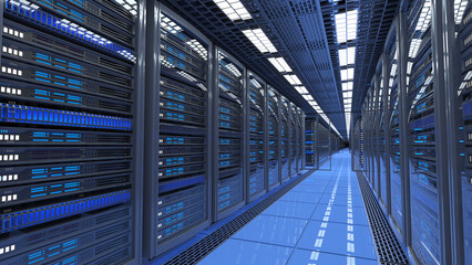 Aisle between rows of server racks in server room data center. 3d illustration