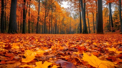 Bright autumn foliage covering the forest floor ideal for seasonal and nature-themed backgrounds