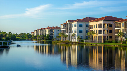 Fototapeta premium Photo of a beautiful lakefront community with large buildings, an apartment complex in Florida, professional photography with a shallow depth of field