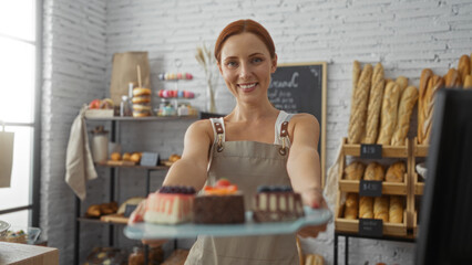 Attractive young redhead woman in a bakery shop indoors holding a tray of cakes surrounded by shelves of bread and pastries, smiling at the camera in an inviting manner