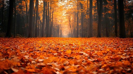 Fototapeta premium Autumn forest with golden leaves on the ground perfect for seasonal nature-inspired wallpapers
