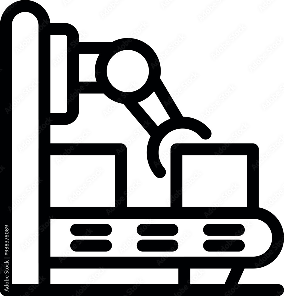 Poster robotic arm moving boxes on production line icon, outline style, for web design and mobile app devel