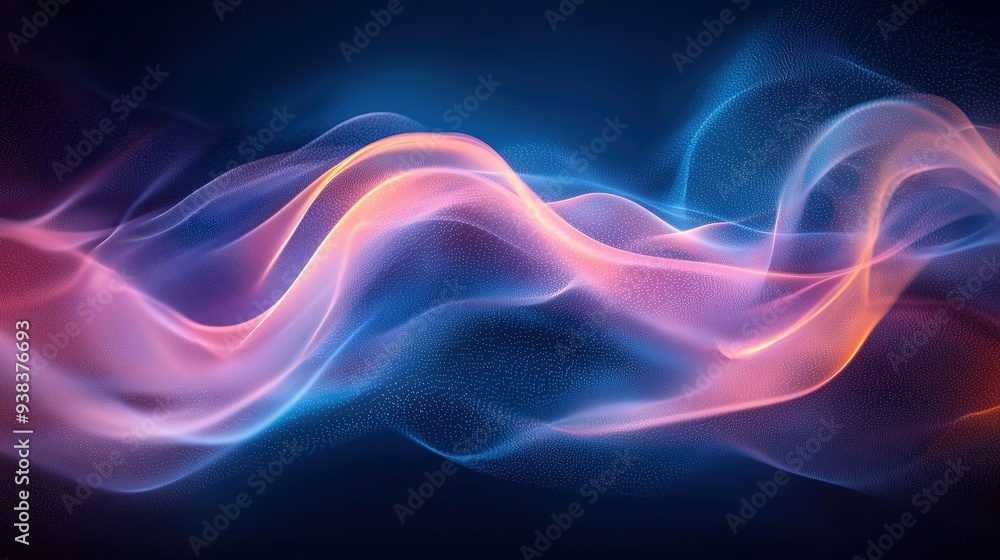 Poster ethereal waves of pink and blue light intertwine in a mesmerizing abstract design, fluid and dynamic