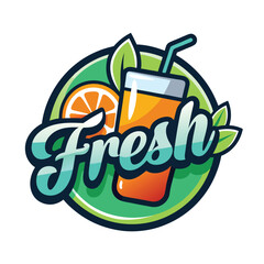 Naklejka premium Vector logo with calligraphic inscription Fresh juice with green leaves and drops on black background