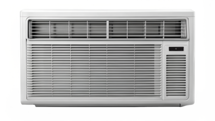 Modern window air conditioner with vented front panel, energy-saving appliance, isolated transparent PNG file