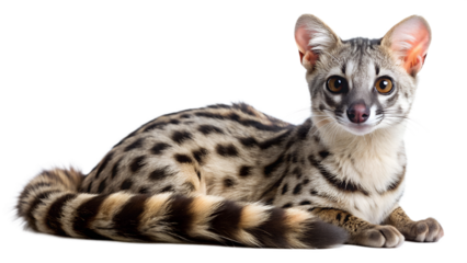 Genet cat with large eyes and striped tail in a resting position, showcasing its unique fur pattern, transparent PNG file