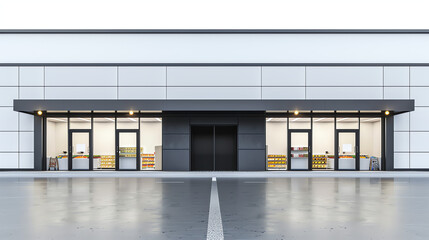 Obraz premium A large white building with a dark gray awning and several shop windows faces a parking lot.