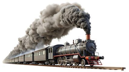 Vintage steam locomotive with carriages releasing steam isolated on transparent PNG file