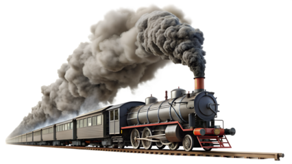 Vintage steam locomotive with carriages releasing steam isolated on transparent PNG file