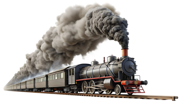 Vintage steam locomotive with carriages releasing steam isolated on transparent PNG file