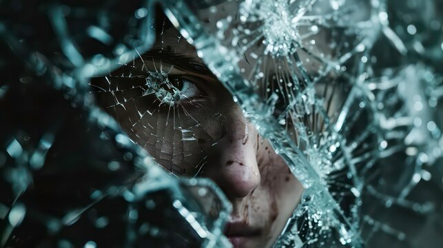 A person's eye is visible through a shattered pane of glass.
