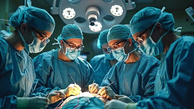 Hospital operating rooms and medical equipment are used by team doctors. Surgeon grasping laparoscopic instrument in patient's abdomen