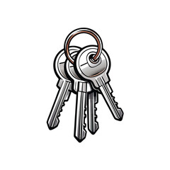 A realistic drawing of a set of silver keys on a white background.