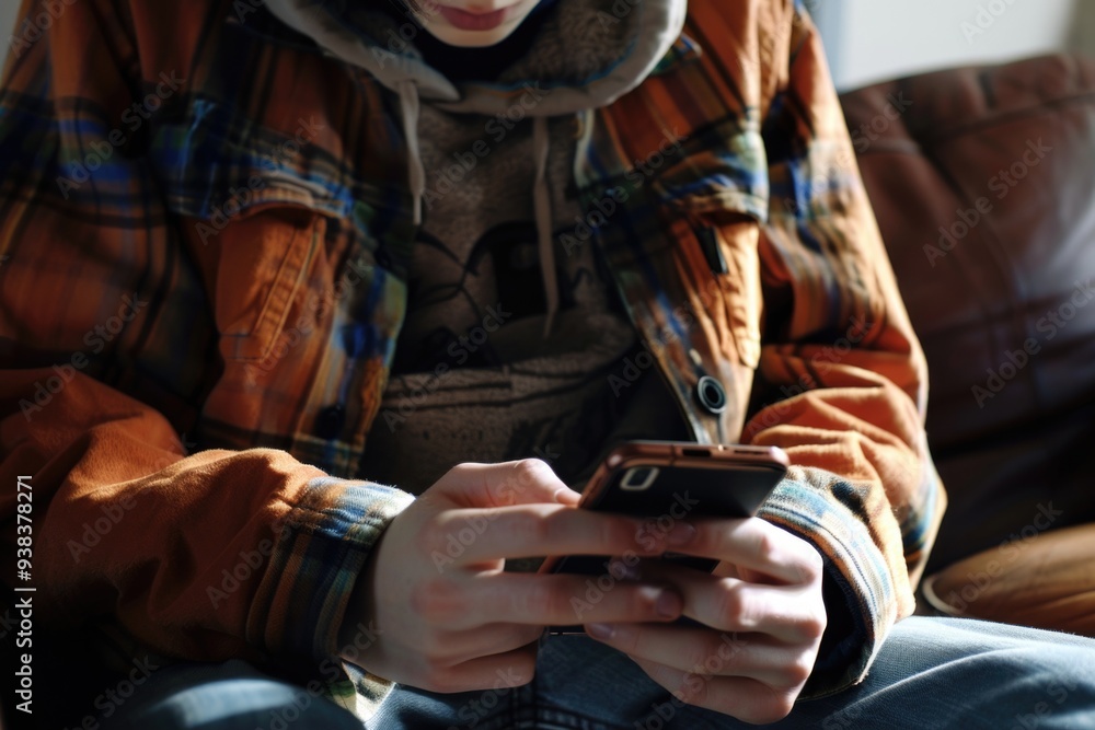 Poster a person sitting on a couch using a cell phone, great for tech and lifestyle concepts