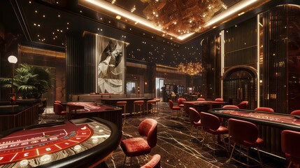 Interior design of a luxury casino with gold accents and dark wood. There is a roulette table in the center with plush red chairs. A large chandelier hangs from the ceiling.