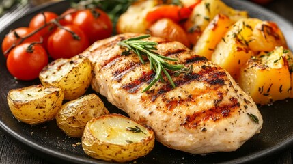 Chicken and potatoes with grilled veggies