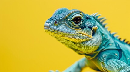 Close-up of a green iguana's head with a yellow background.