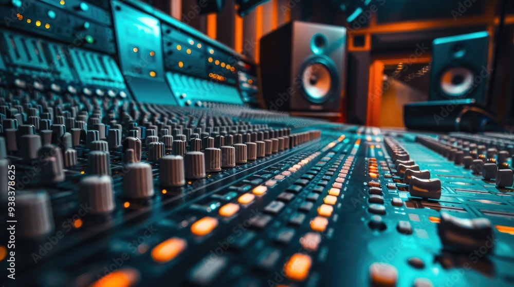 Poster a detailed view of a sound board with many adjustable knobs