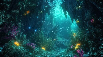 Obraz premium Underwater Cave with Bioluminescent Life