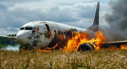 A passenger plane crashed and caught fire in a field, copy space. Concept of airplane crash, crash.