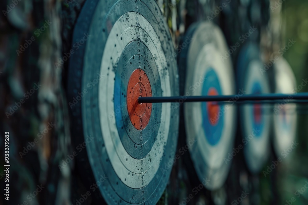 Poster A cluster of arrows lodged in the center of a target, ideal for use as an illustration or design element
