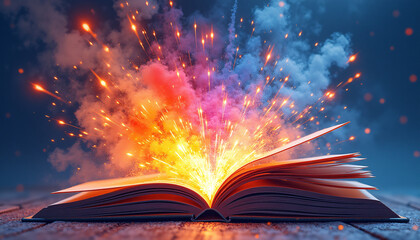 Vibrant watercolor fireworks explode across the pages of an open art book in bright colors and dynamic strokes