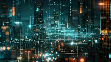 Obraz premium A bustling city at night with many lights and activity