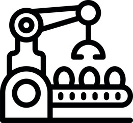 Icon of a robotic arm moving eggs on a conveyor belt, depicting automation in the food industry