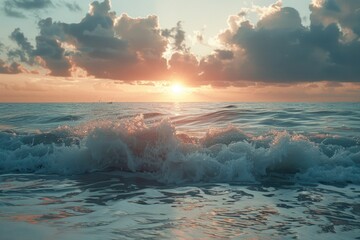 A serene scene of sunset over the ocean waves, great for backgrounds and travel-related projects