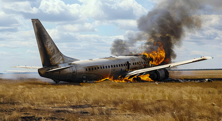 A passenger plane crashed and caught fire in a field, copy space. Concept of airplane crash, crash.