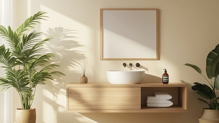 3D Rendering, 3D illustration luxury bathroom in dry Zone, mockup photo frame on beautiful the wall, Decorated with wooden shelf and cabinet with plant in pot, rendering
