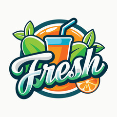 Naklejka premium Vector logo with calligraphic inscription Fresh juice with green leaves and drops on black background