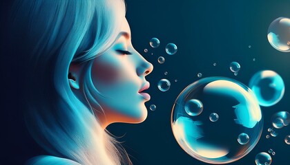 Woman blowing soap bubbles, portrait silhouette illustration. Elegant profile portrait of a young beautiful woman